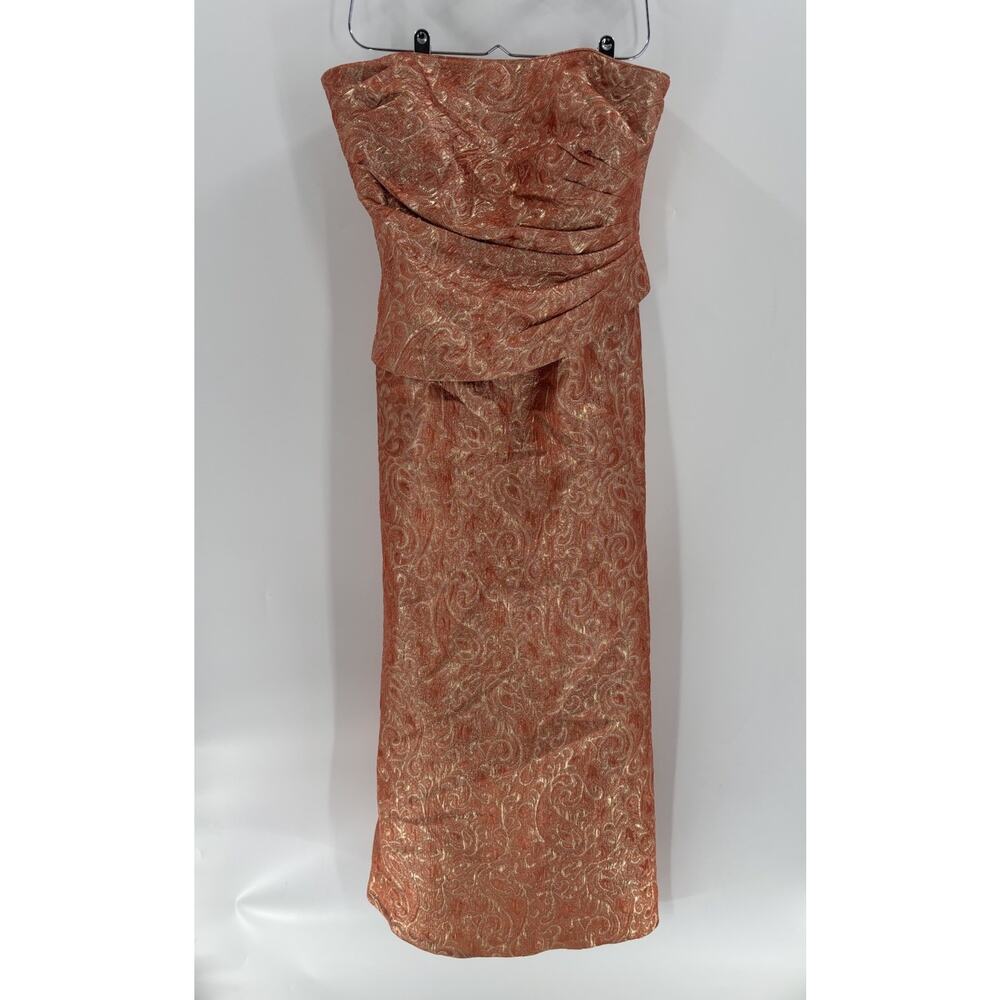 Vintage Alex Evenings Dress Womens 12 Peach Strapless Metallic Pleated Brocade